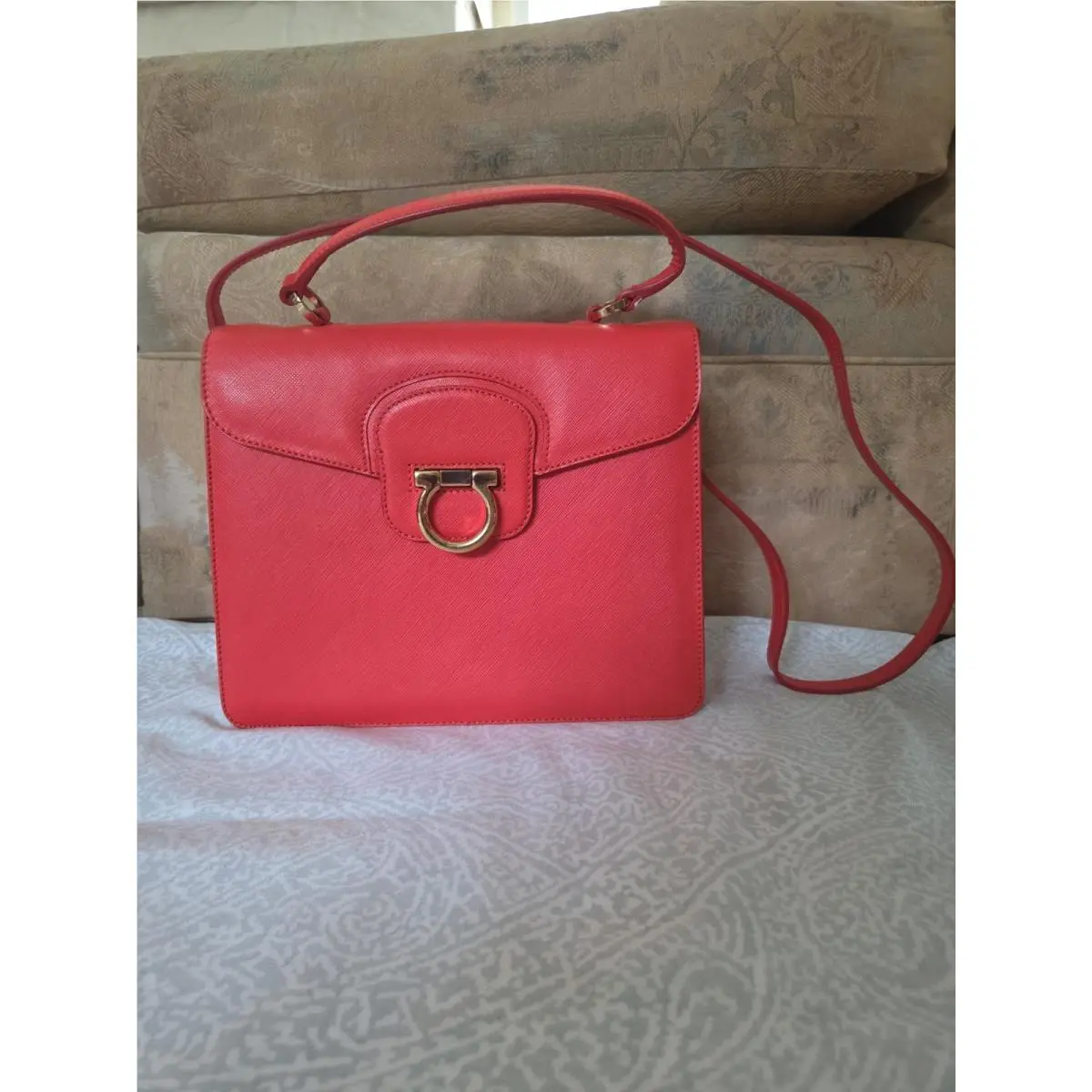 Red Leather Top Handle Gancini Handbag with Strap by Salvatore Ferragamo