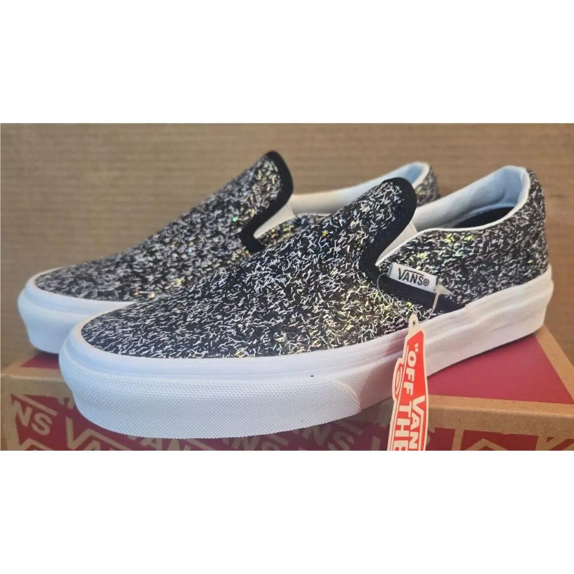 Vans Classic Slip-on Shiny Party Shoe Size: 6.5 Black True White VN000XG88N9