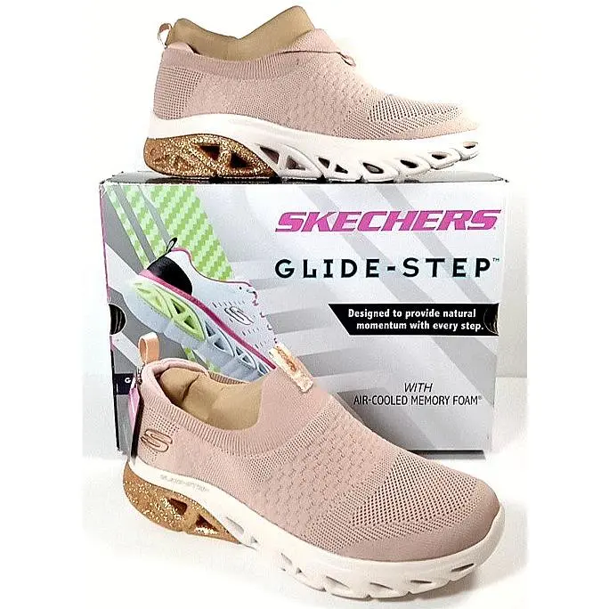 Skechers Women`s 8 Glide Step Daily Spark Rose Glittery Heel Stretch Fit