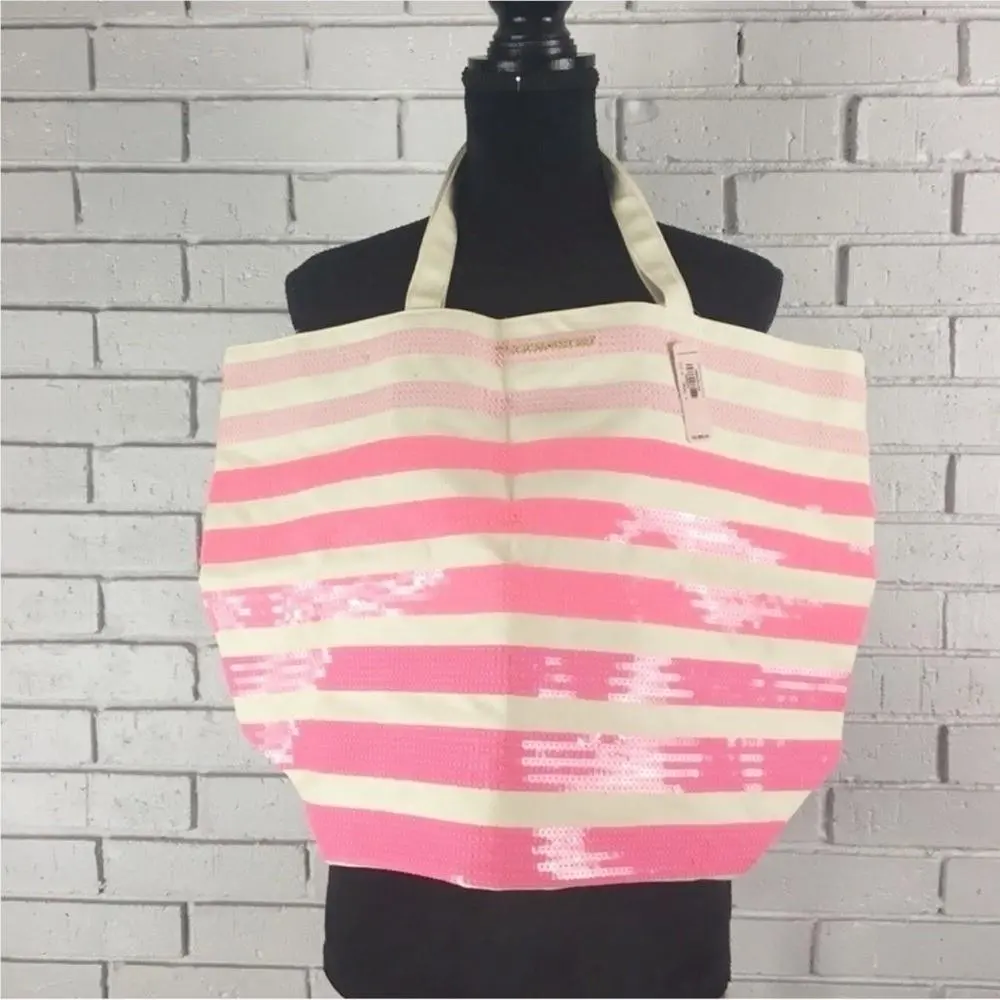 Victoria`s Secret Pink Striped Canvas Sequin Tote Bag Glam Gift Statement