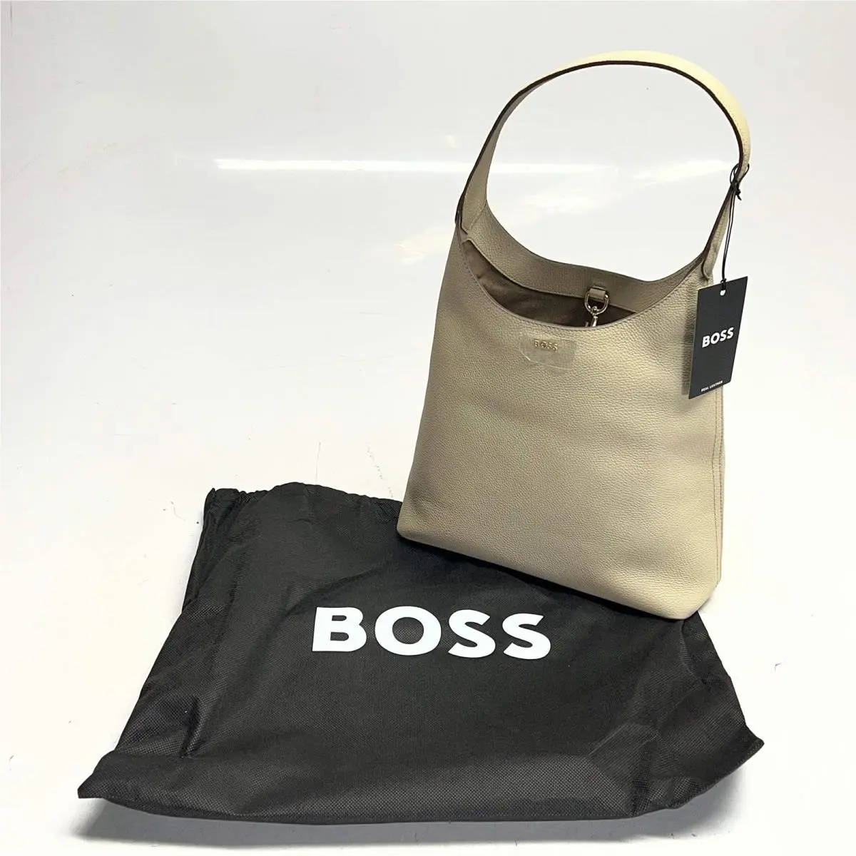Hugo Boss Leather Lenah Hobo Bag Buckle Closure Light Beige 50557982