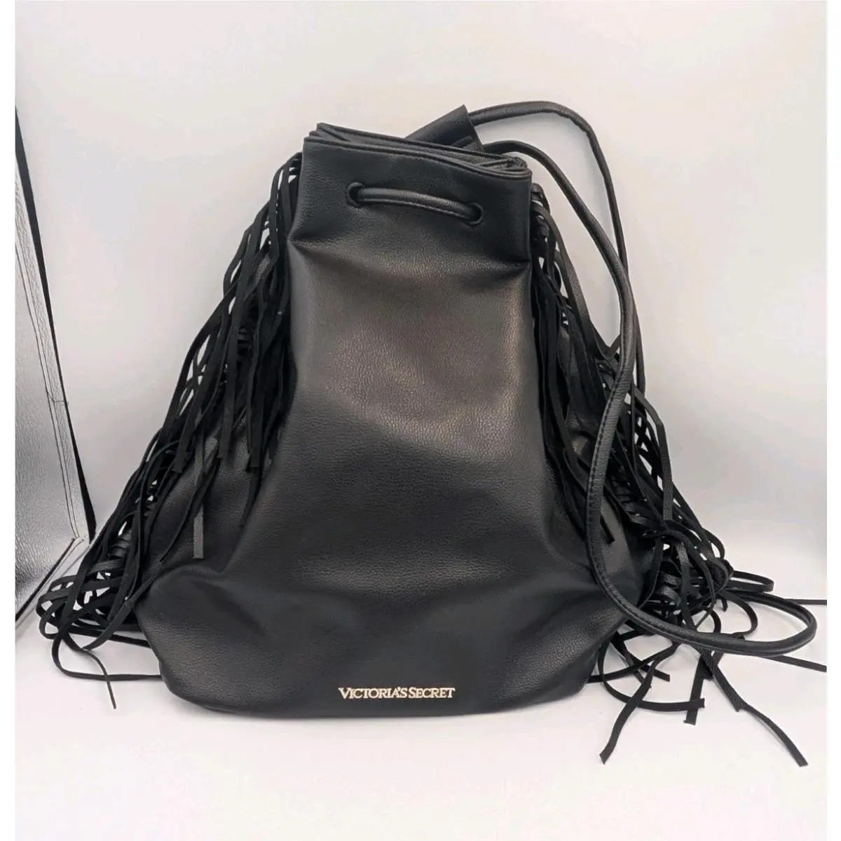 Victoria`s Secret Fringe Drawstring Black Leather Purse Bag/backpack
