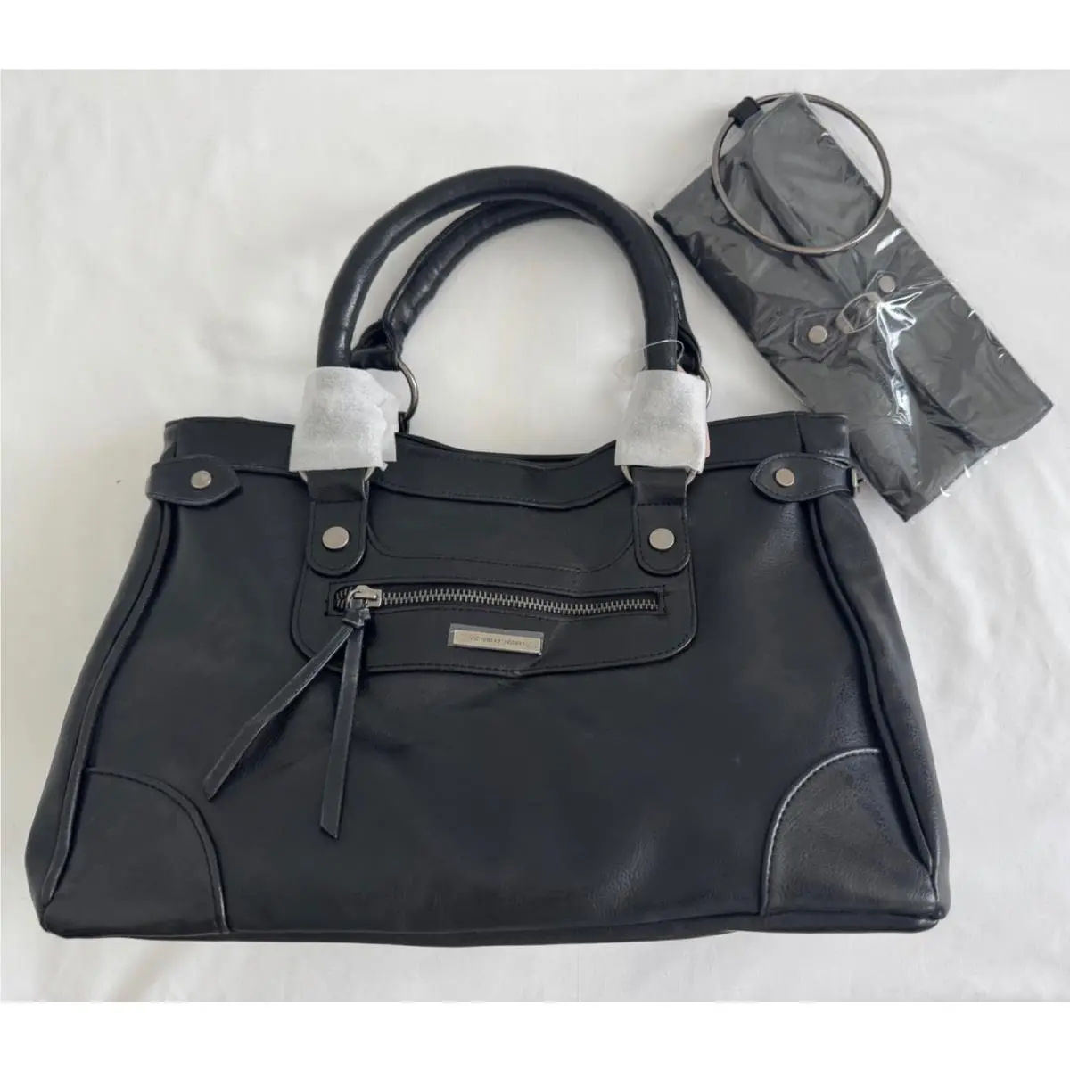 Vtg Y2K Victoria`s Secret Black Leather Satchel Handbag Clutch Set Pink