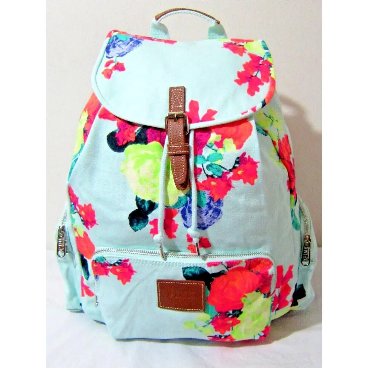 Victoria Secret Pink Rose Mint Neon Floral Logo Carryon Book Bag Backpack Travel