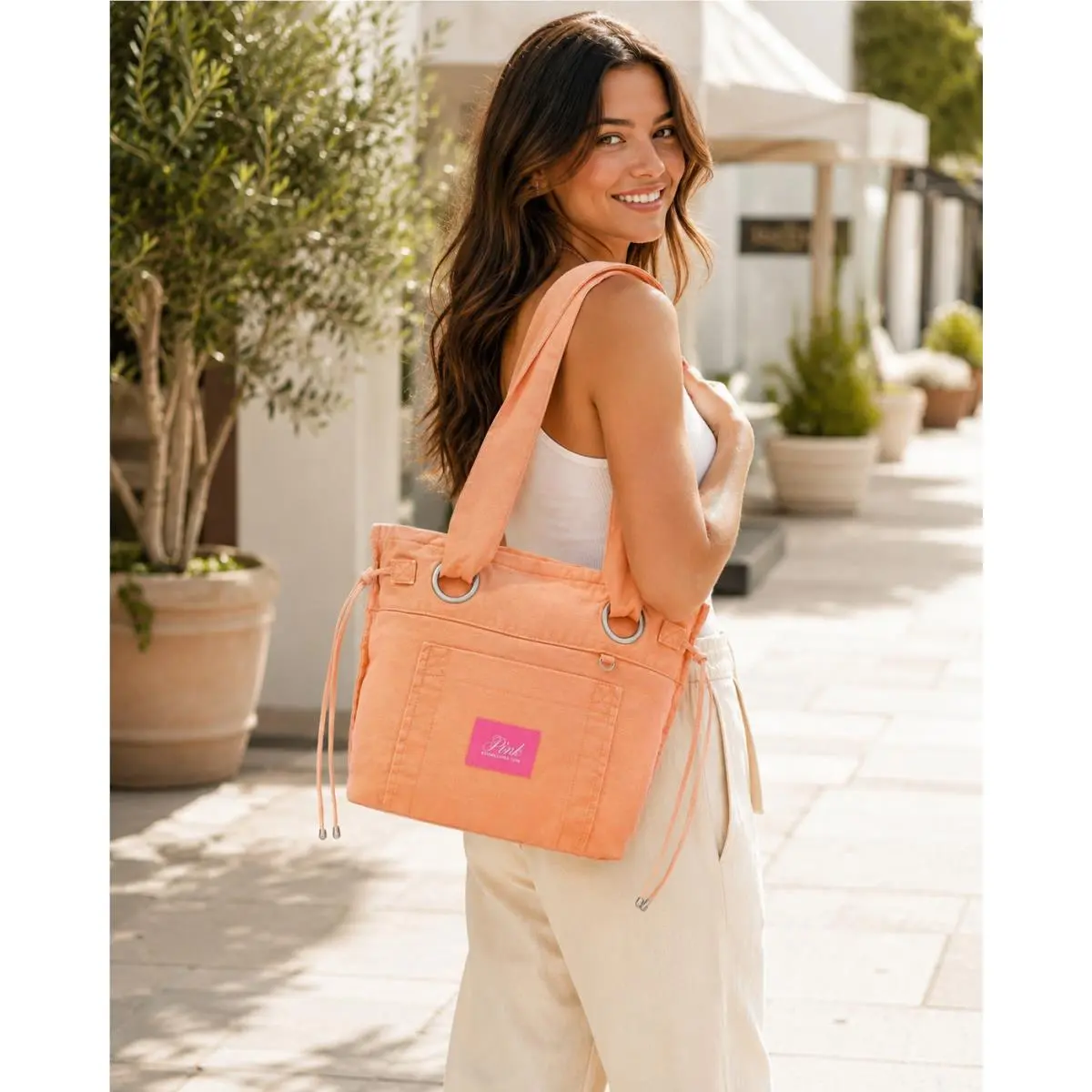 Victoria`s Secret Pink Canvas Flat-bottom Tote Bag Cantaloupe Orange Vhtf by Victoria's Secret