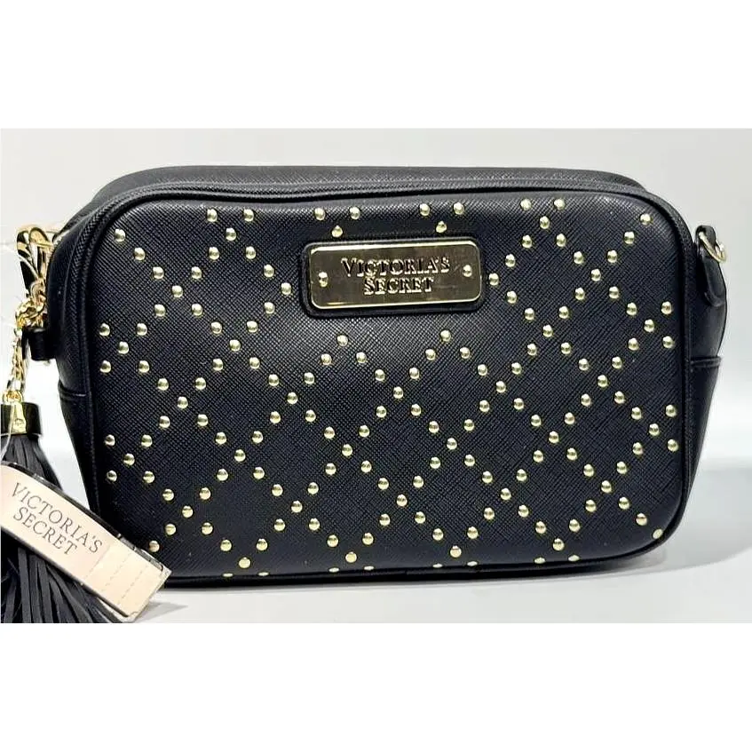 Victoria’s Secret Black Studded Crossbody Purse with Tassel – Gold Studs –