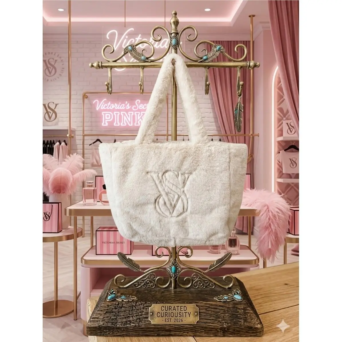 Victoria`s Secret Ivory Fur Fuzzy Tote Bag Zip Top Embossed Logo Cream by Victoria's Secret