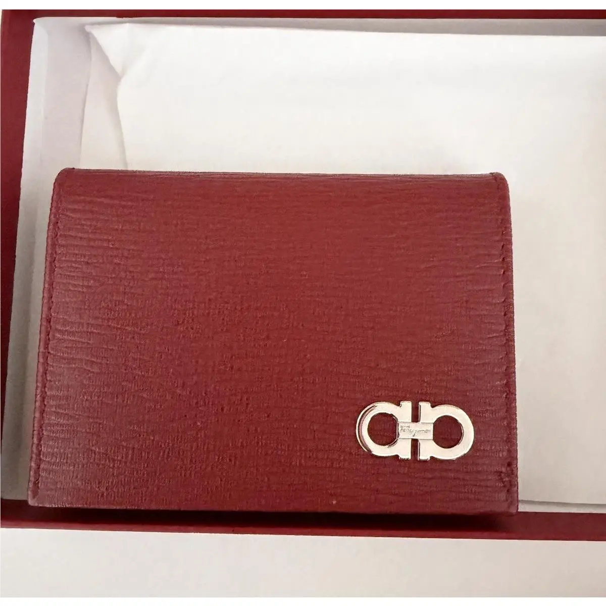 Salvatore Ferragamo Revival Men Bi Fold Card Holder Leather Red