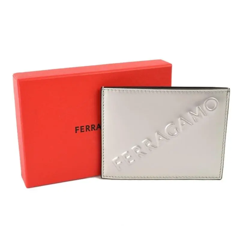 Salvatore Ferragamo Argento Silver Embossed Leather Credit Card Case Italy