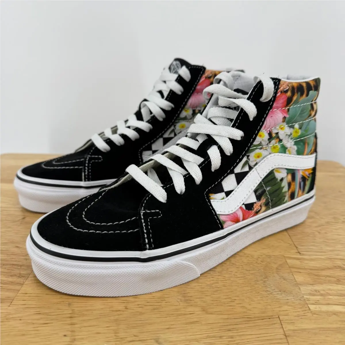 Vans Sk8-Hi Floral Leopard Checkerboard Black Suede High Top Sneakers 6.5W 5M