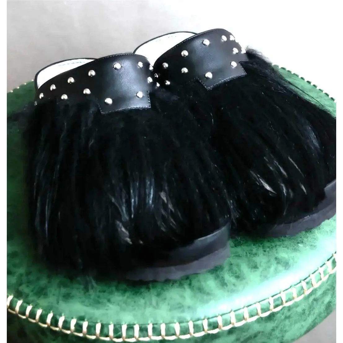 Longchamp Size 37 US 7 Black Goat Fur Studded Leather Slides Sandals