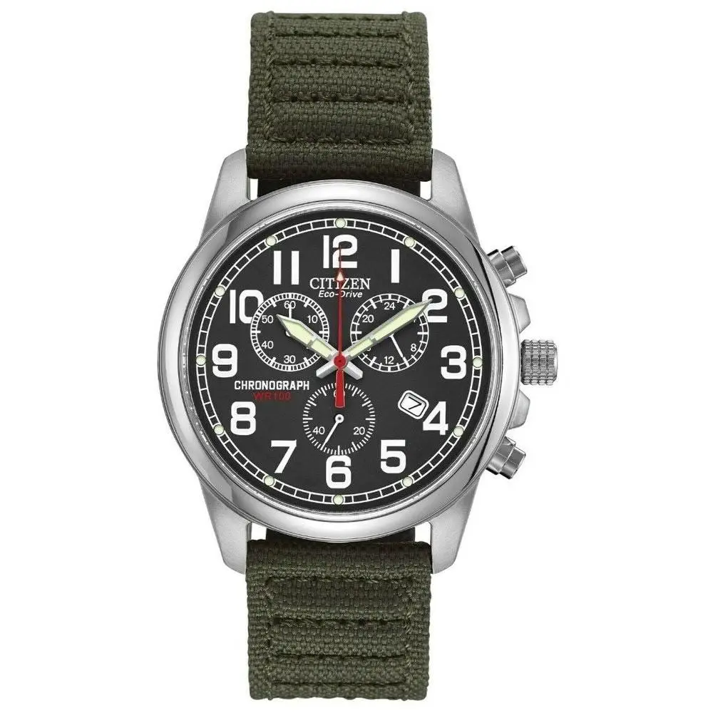 Citizen Mens Eco-drive Chronograph Watch Green Canvas Band Garrison AT0200-05E