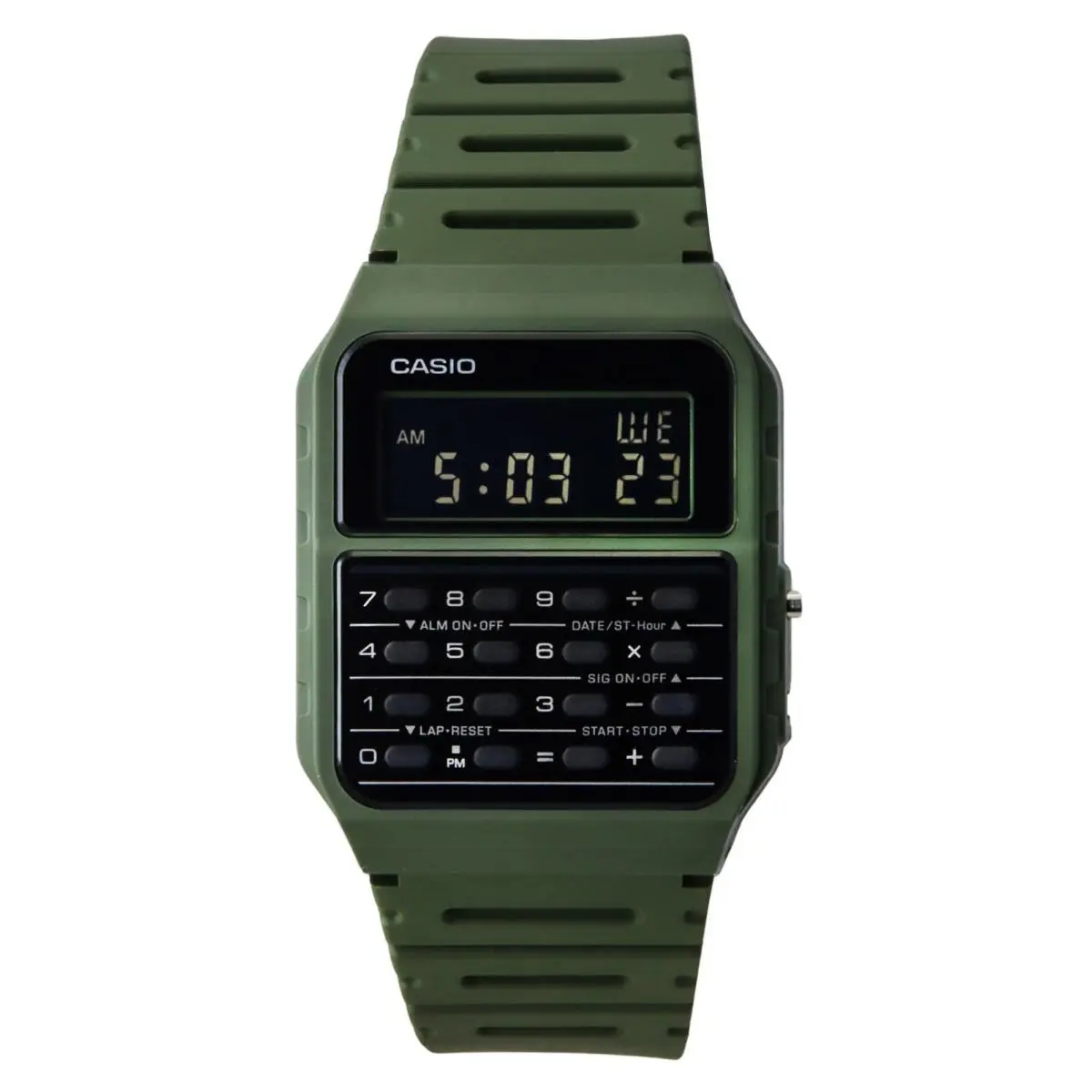 Casio Databank 8 Digit Calculator Alarm CA53WF-3B Quartz 30M Unisex Watch - Dial: Black, Band: Green, Bezel: No Bezel