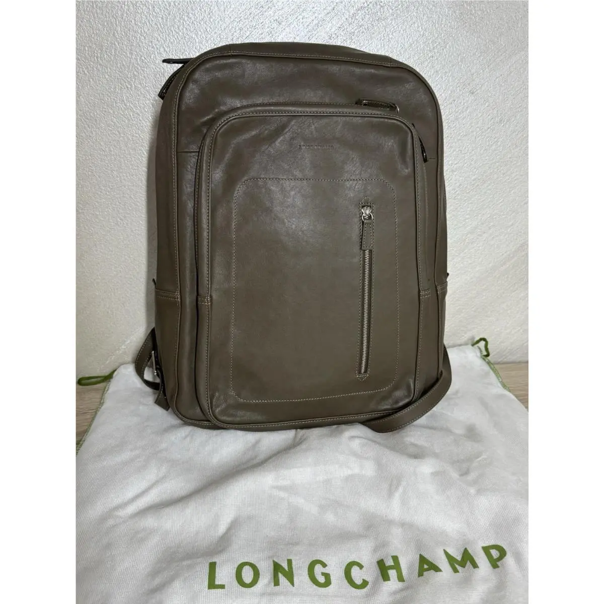 Longchamp Army Green Leather Backpack
