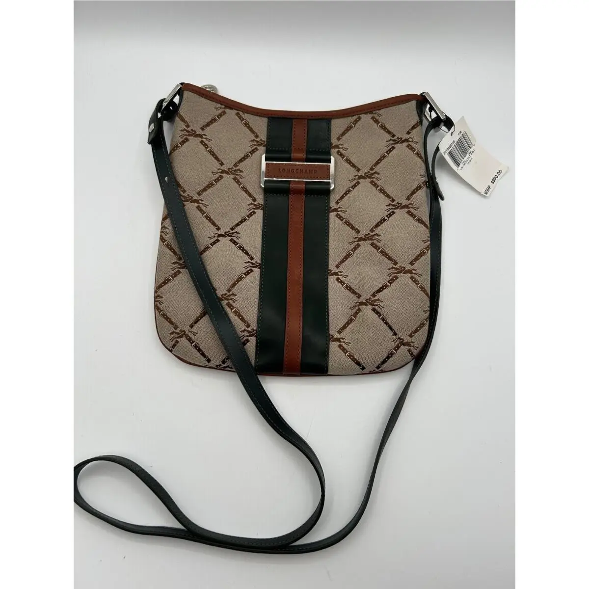 Longchamp LM Jacquard Crossbody Bag Beige Brown Monogram Leather Trim