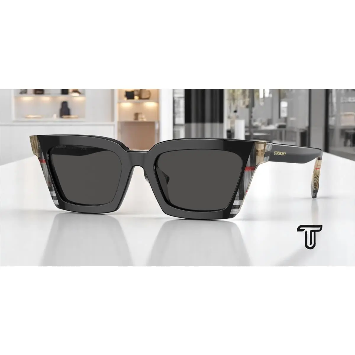 Burberry BE4392U 405587 Briar Black Vintage Check Dk Grey 52 Women`s Sunglasses