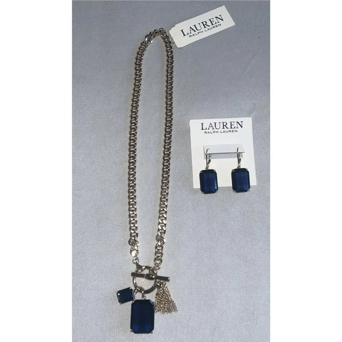 Lauren Ralph Lauren Blue Stone Light Gold Tassel Necklace w/ Matching Earrings