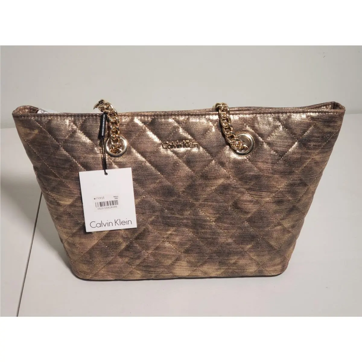 Calvin Klein Florence Tote Dressy Top Zip Handbag Quilted Golden Bronze Purse
