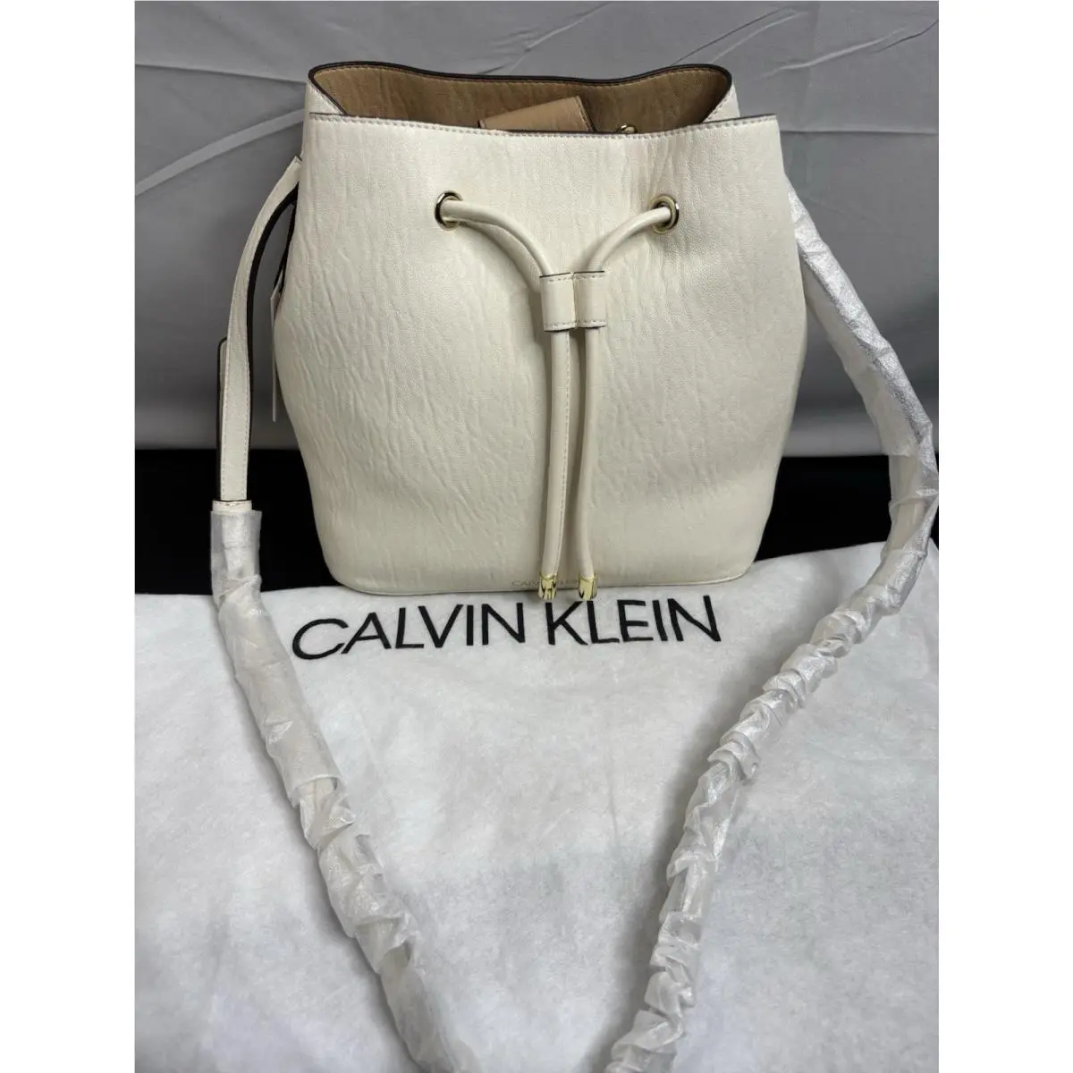 Calvin Klein Gabrianna Novelty Bucket Shoulder Bag White Leather