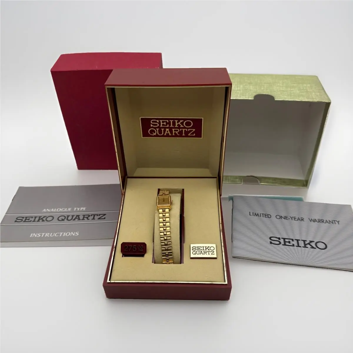 Seiko Women’s Quartz Square Gold Tone Watch Box Papers Vintage