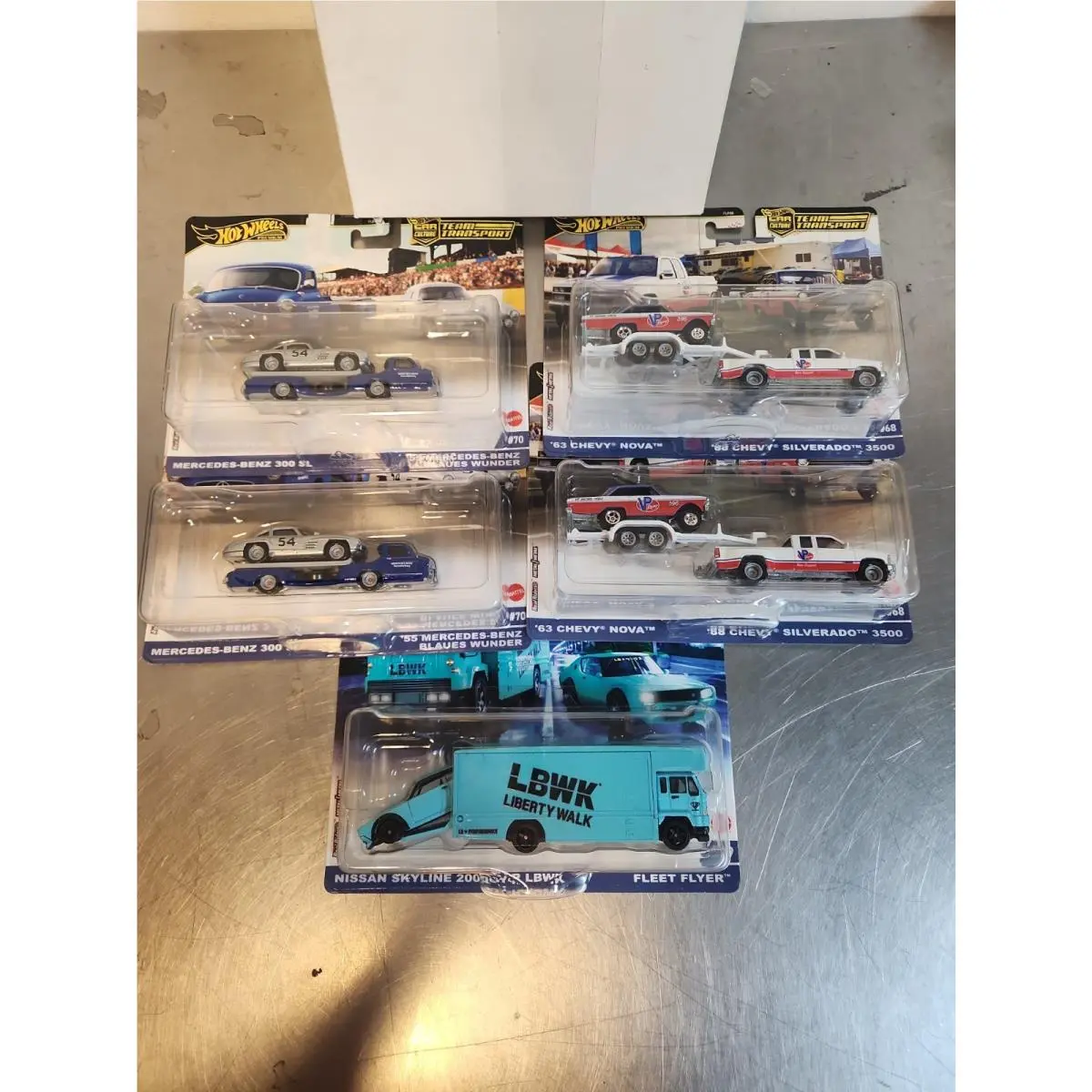 5x Hot Wheels Premium Team Transport Chevy Nova Nissan Skyline Mercedes 300