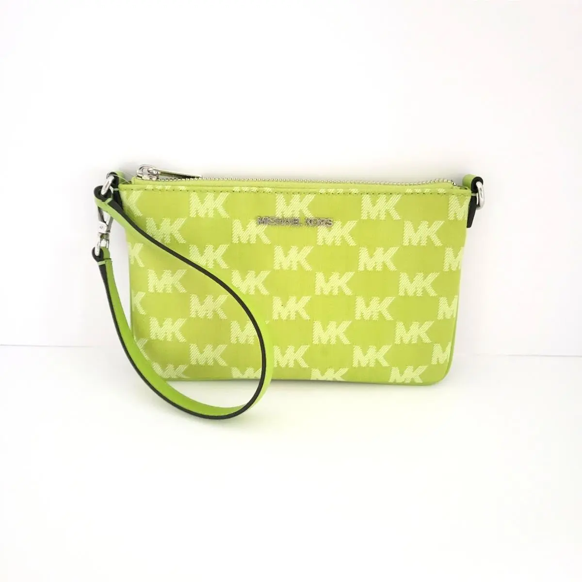 Michael Kors Jet Set Travel Small Convertible Pouch Wristlet Lime MK Logo Denim