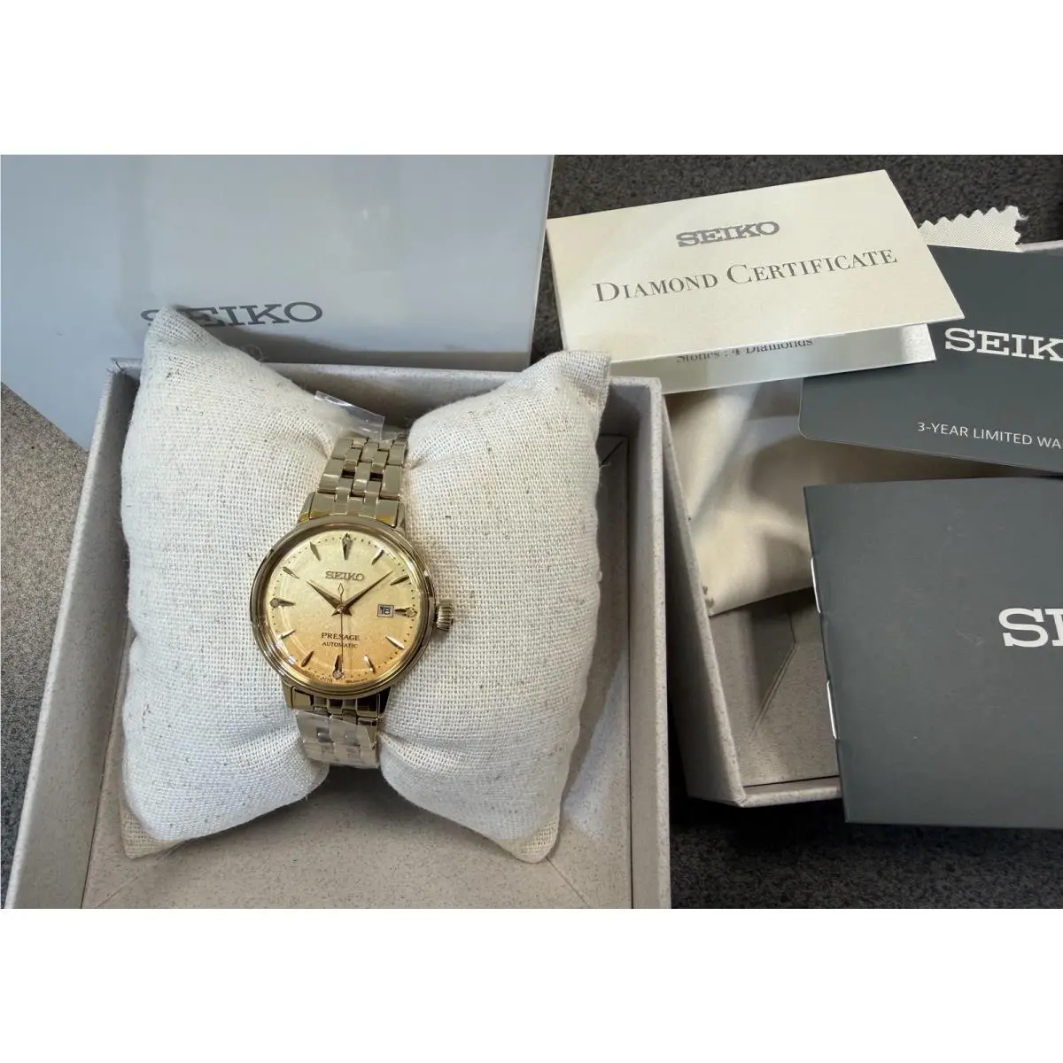 Presage Cocktail Time Automatic Gold Dial Diamonds Women’s Watch SRE018 by Seiko