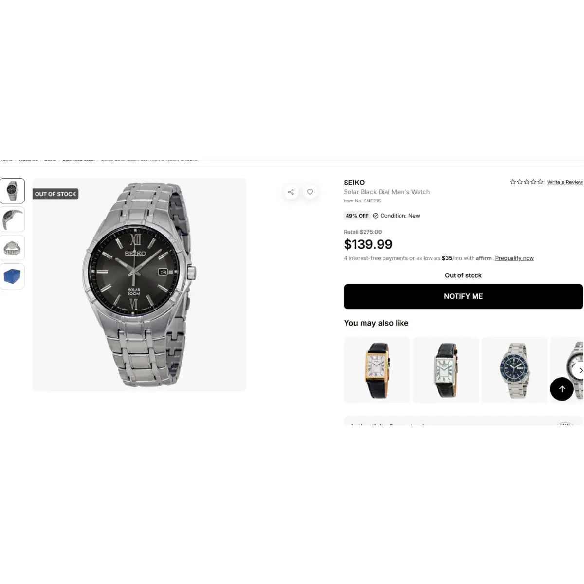 Solar Black Dial Men`s Watch Item No. SNE215 by Seiko
