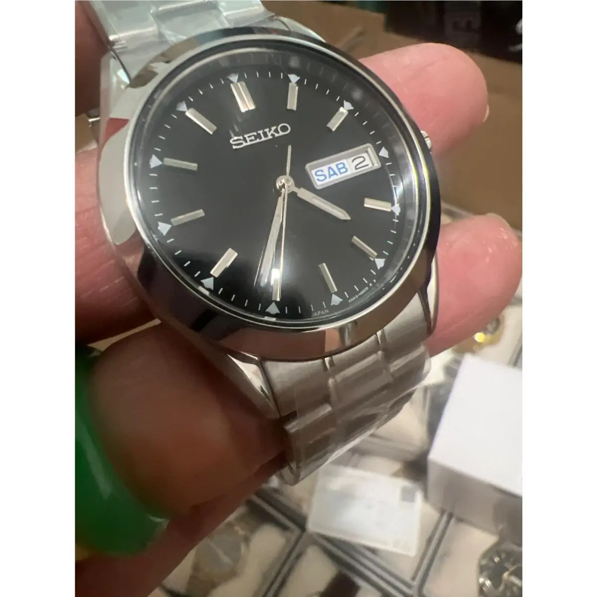 Seiko Men`s Watch SUR361 Quartz Black Dial Day Date Steel Case Leather Band 37mm