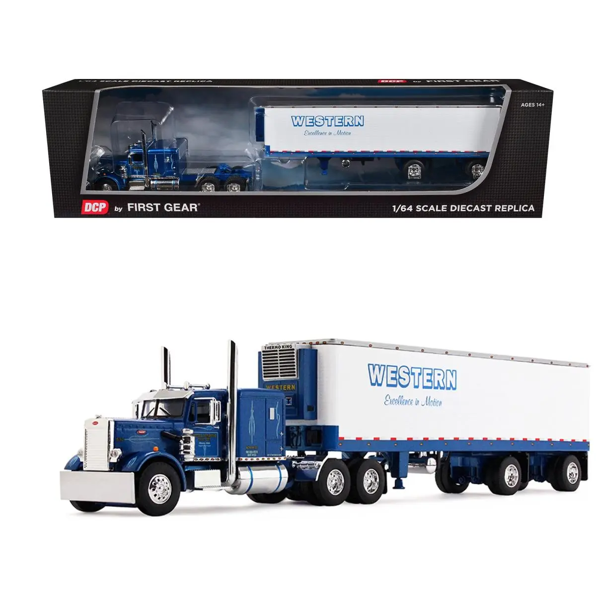 Peterbilt 351 Sleeper 40ft Vintage Trailer with Reefer Blue Metallic White 1/64