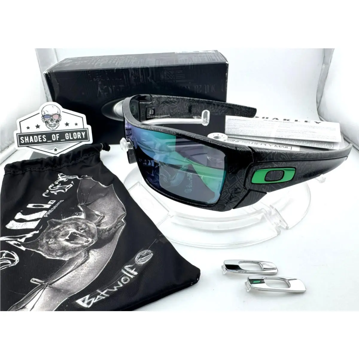 Oakley Batwolf Black Silver Ghost Text Jade Iridium Polarized Sunglasses 9101-26