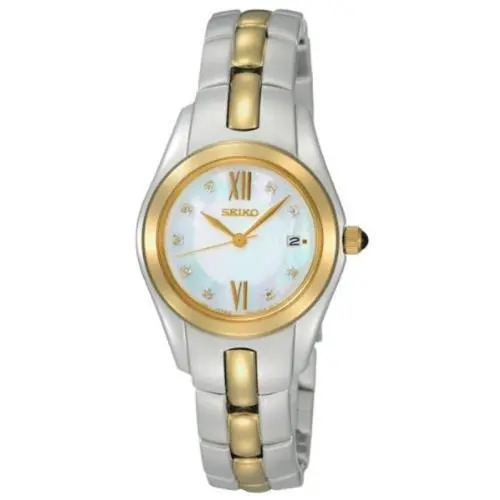 Seiko White Mop Dial Date 9 Diamonds Two-tone St.steel Women`s Watch SXDB86 - Dial: Mother of Pearl, Band: Silver, Bezel: Gold