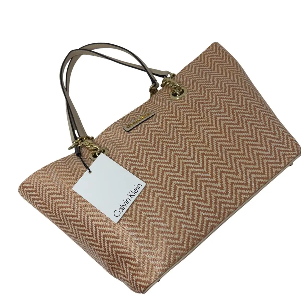 Calvin Klein Tote Bag Womens Medium Beige Straw Chevron Chain Purse Handbag