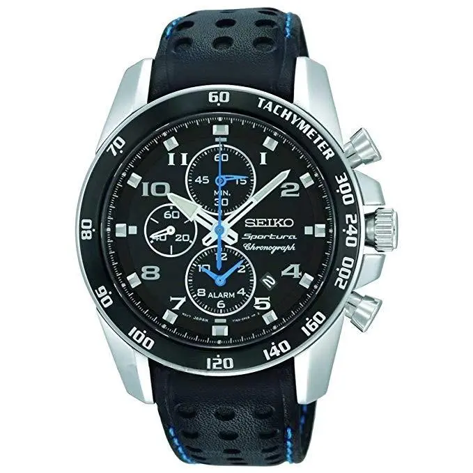 Seiko Sportura SNAE79P1 Quartz Alarm Chronograph Watch Leather Steel 7T62 100m