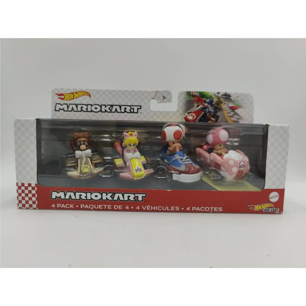 Hot Wheels - Mario Kart Die-cast 4 Pack Tanooki Mario Toadette Cat Peach Toad