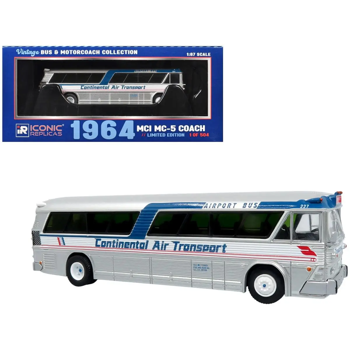 1964 Mci MC 5A Coach Bus Silver 1/87 Continental Air Transport Limited Edition