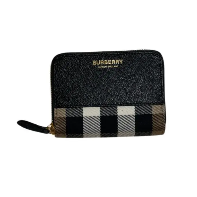 Burberry Vintage Check Black Leather Zip Around Compact Wallet Gold Hardware