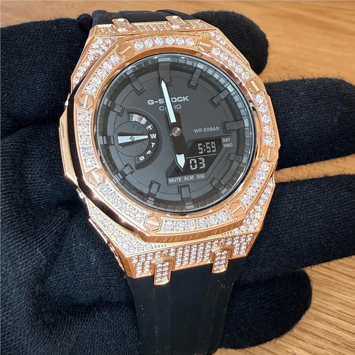 Modded Casio G Shock GA2100 Iced Out Watch Rose Gold Rubber Strap