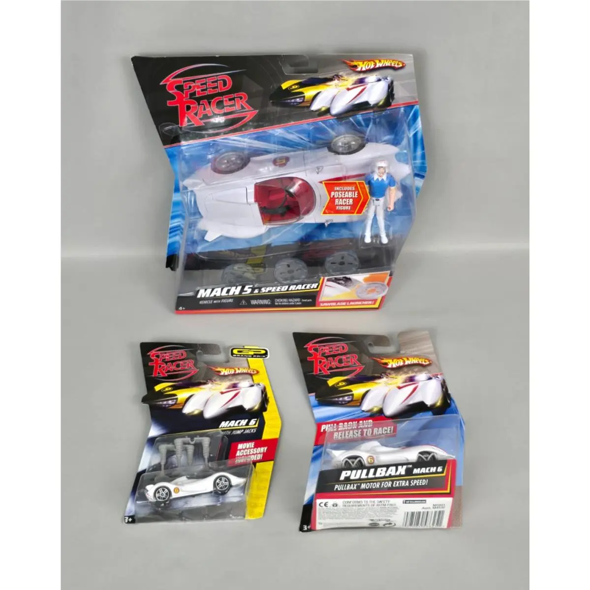HW 3 Mach Cars - 1:24 Scale 5 W/poseable Speed Racer + 6 Pullbax + 6 Jump Jacks