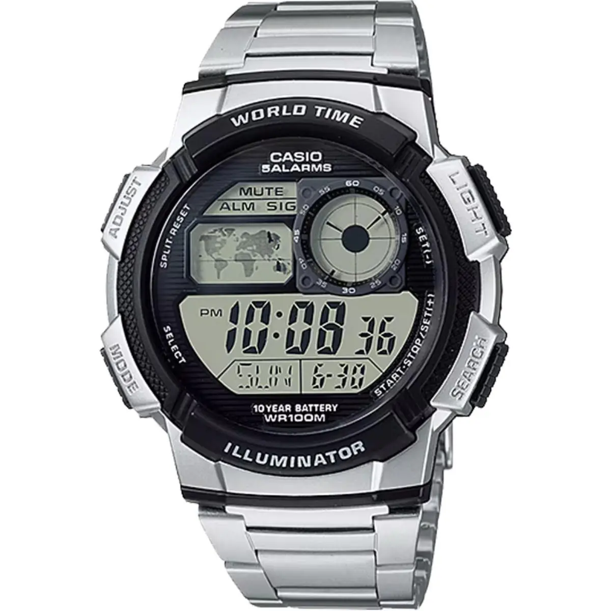 Casio Men’s World Time Digital Stainless Steel Watch with Black Dial