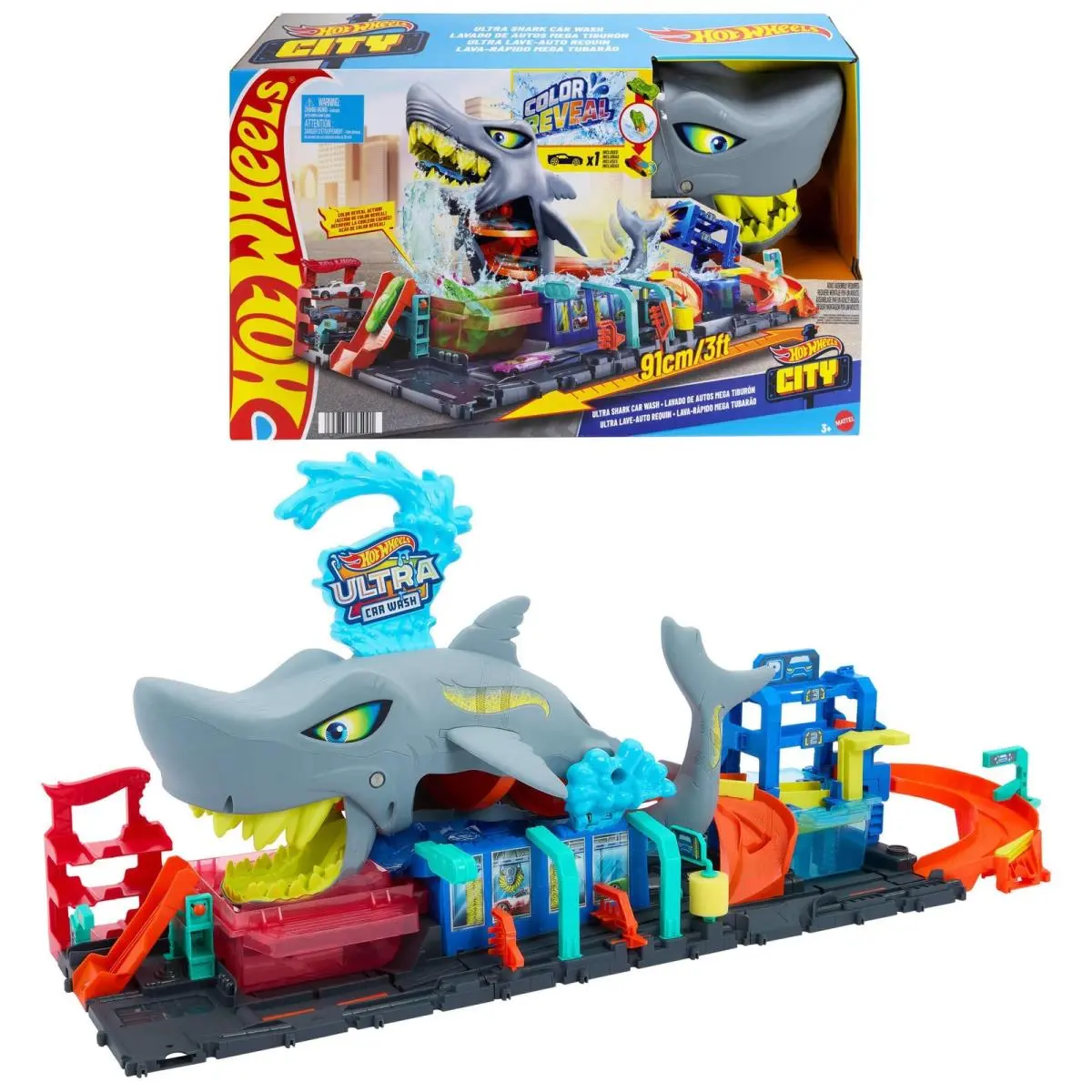 City Track Set Ultra Shark Car Wash with 1:64 Scale Color Reveal Toy