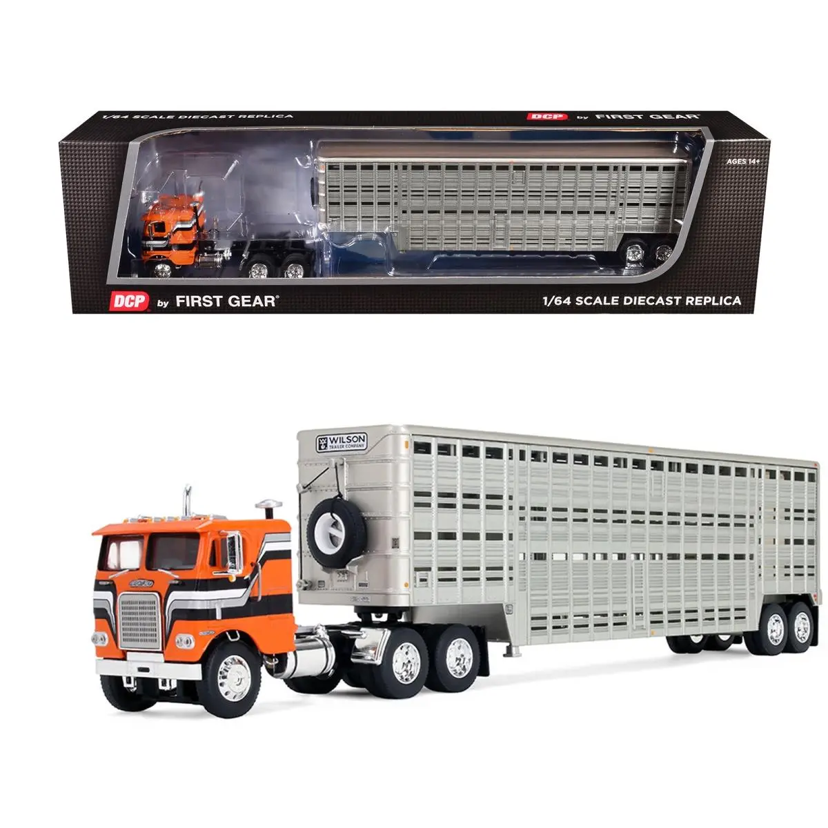 Freightliner Coe 45ft Wilson Vintage Livestock Trailer Orange 1/64 with Stripes