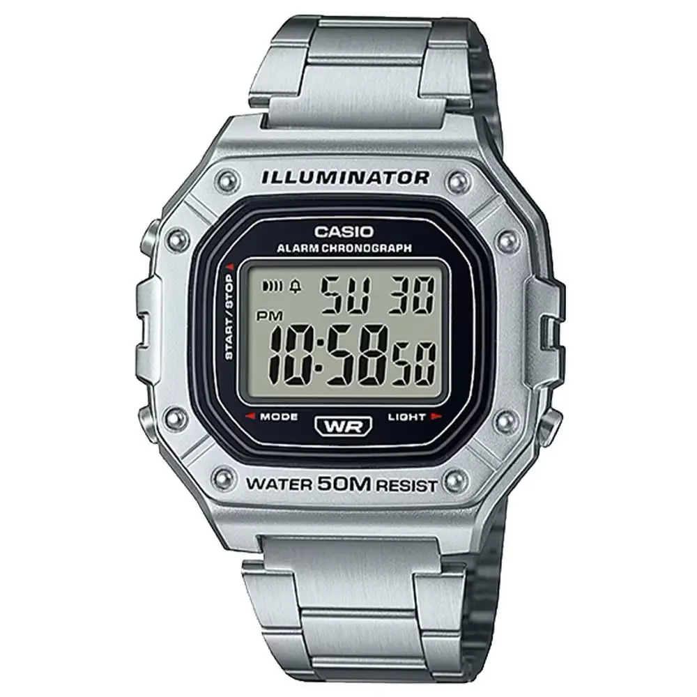Men`s Water-resistant Digital Watch with Stainless Steel Bracelet by Casio