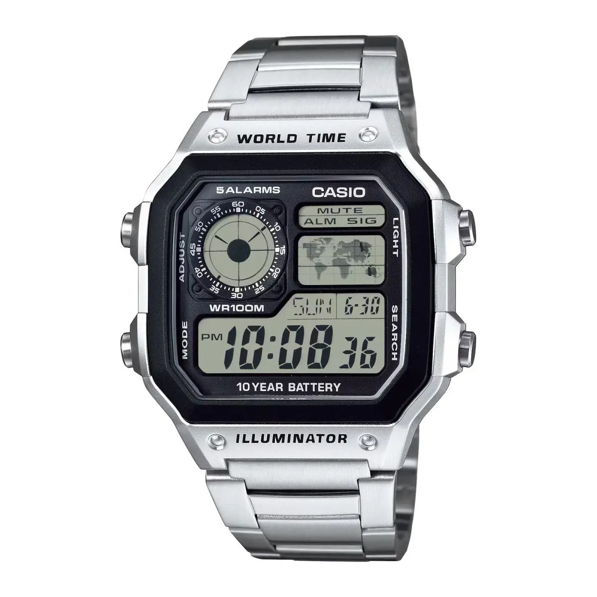 Casio Men’s World Time Stainless Steel Digital Watch Silver - AE-1200WHD-1AVCF