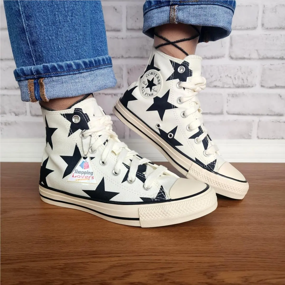 ⭐converse Chuck Taylor All Star Large Stars 7.5 Womens Shoes White Black A09898F