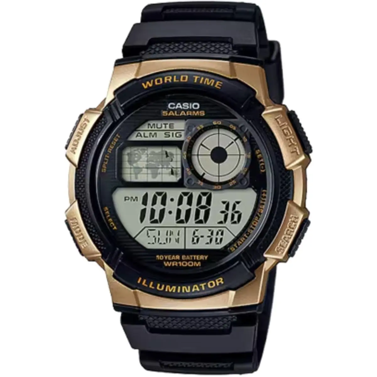 Casio Men’s World Time Digital Resin Watch with Black and Gold Dial