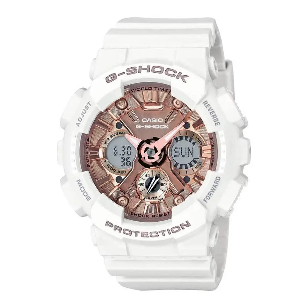 Casio G-shock White Resin Strap Watch with Rose-tone Dial Model: GMAS120MF-7A2