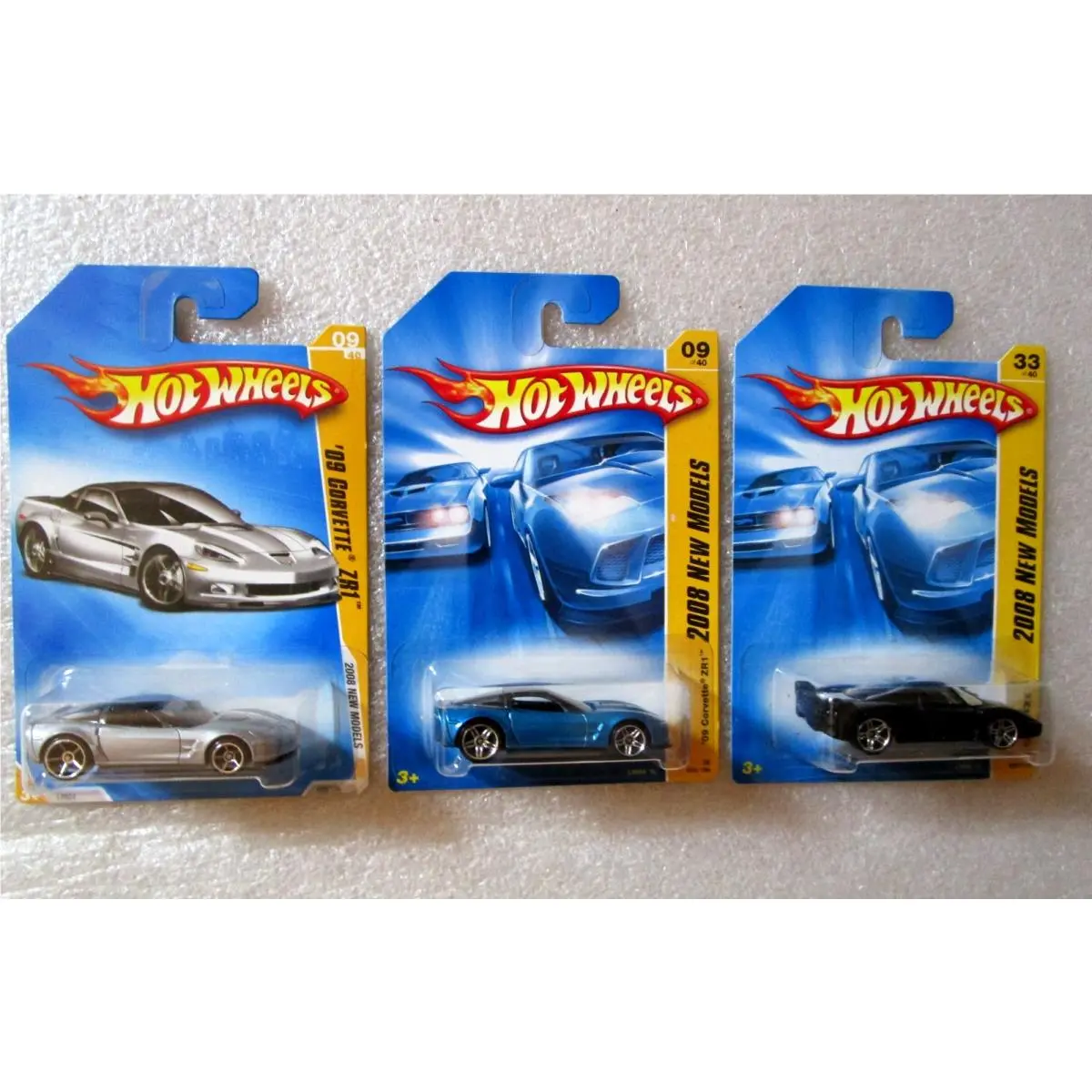 3 Hot Wheels 2008 Models `09 Corvette ZR1 Gray Aqua Blue 09 + Ferrari Fxx 33