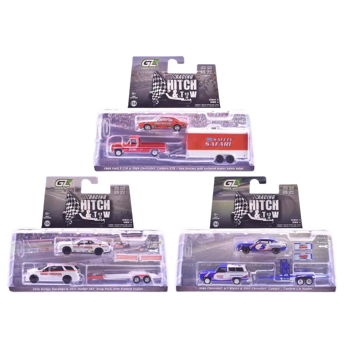 Racing Hitch Tow S6 Set of 3 1/64 Diecast Greenlight