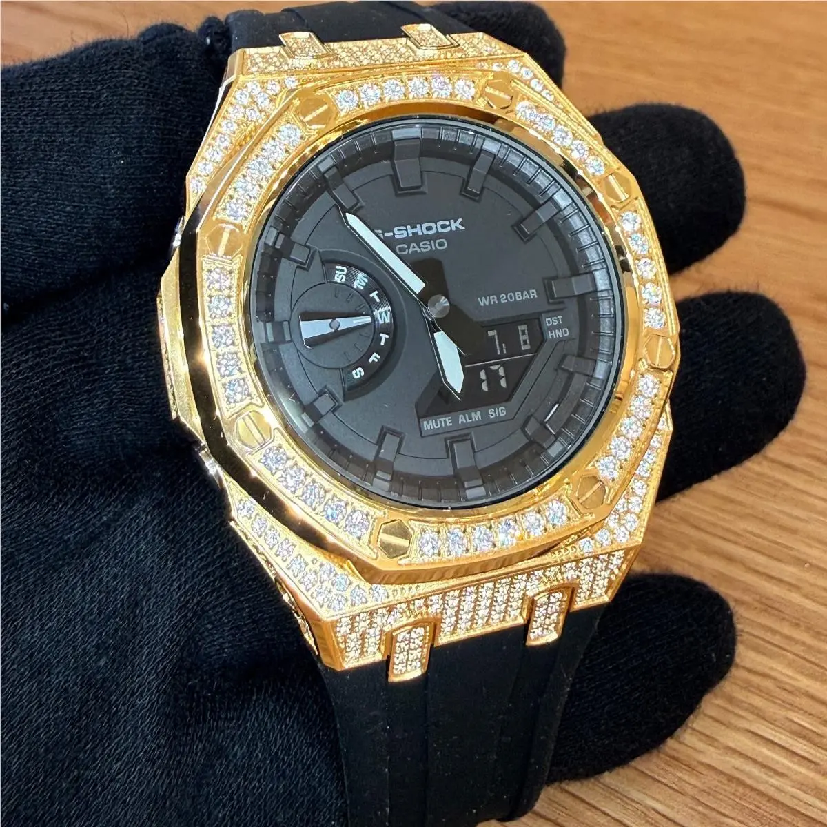 Modded Casio G Shock GA2100 Gold Iced Out Watch Rubber Strap